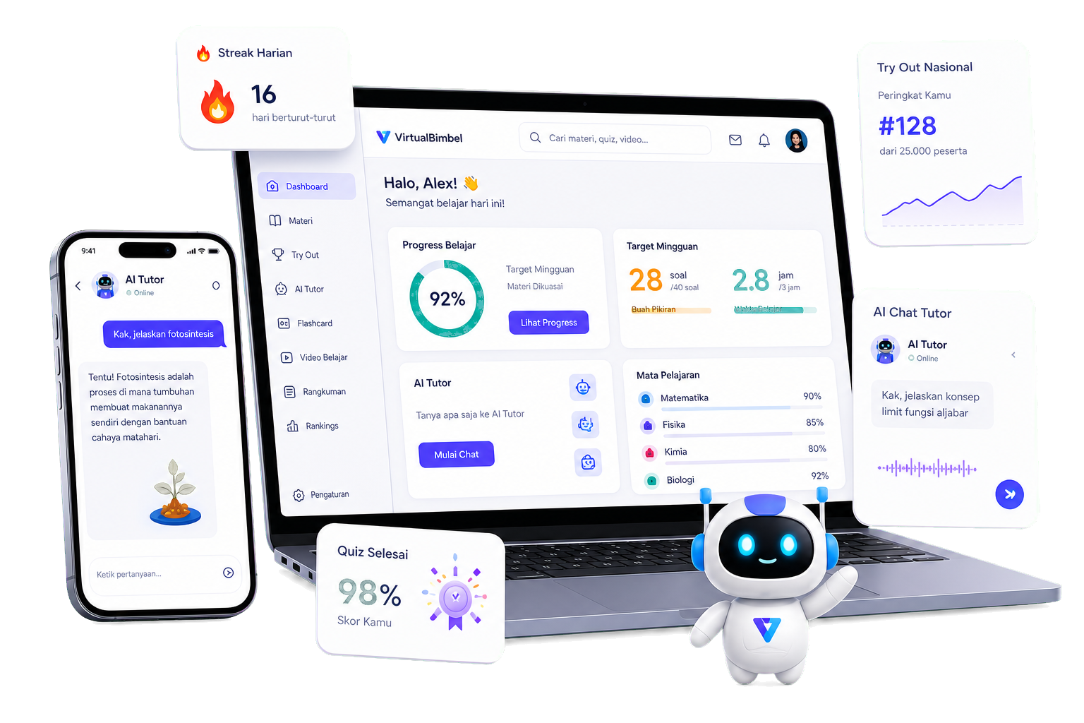 Contoh dashboard LMS, AI tutor, quiz, tryout, dan analytics edukasi